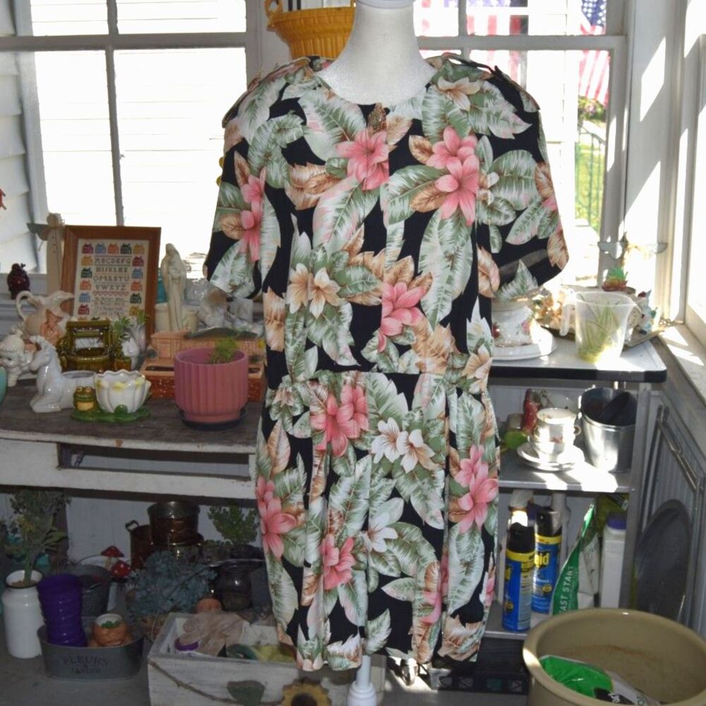 Vintage 90s Jessica Howard Tropical Rayon Dress XL 16 Hawaiian Floral USA
